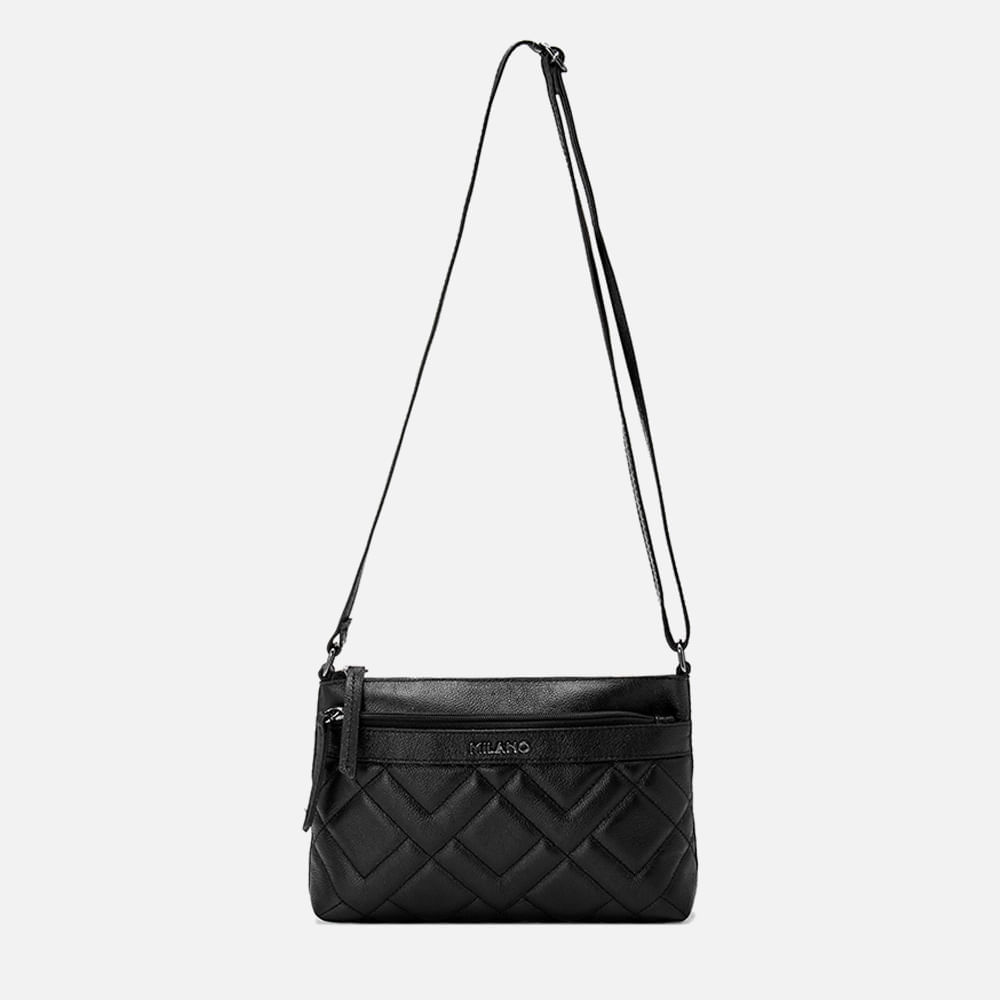 Bolsa Pequena Tiracolo ou Transversal Feita em Couro com Textura Matelassê e Bolso Externo com Zíper Feminina Milano Preto 13871 Peça