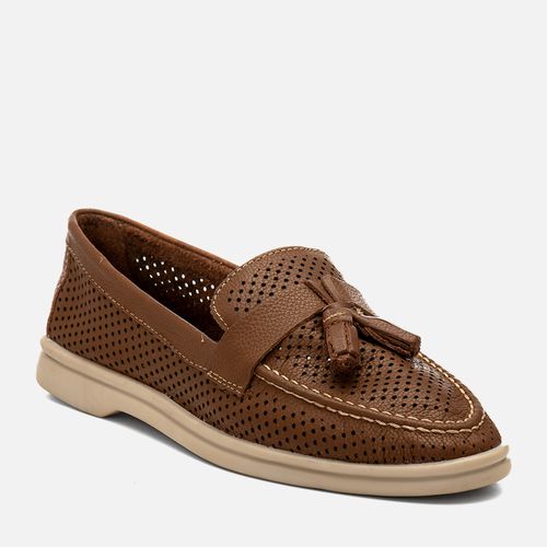 Mocassim Loafer Couro Furação Total Barbicacho Feminino Milano Caramelo 14855