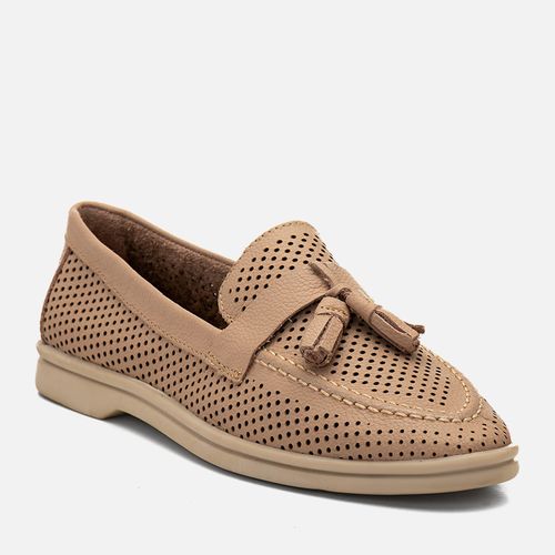 Mocassim Loafer Couro Furação Total Barbicacho Feminino Milano Nude 14855