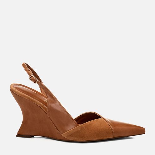 Scarpin Anabela Aberta Slingback Salto Geométrico Escultural Decote V Milano Caramelo 14680