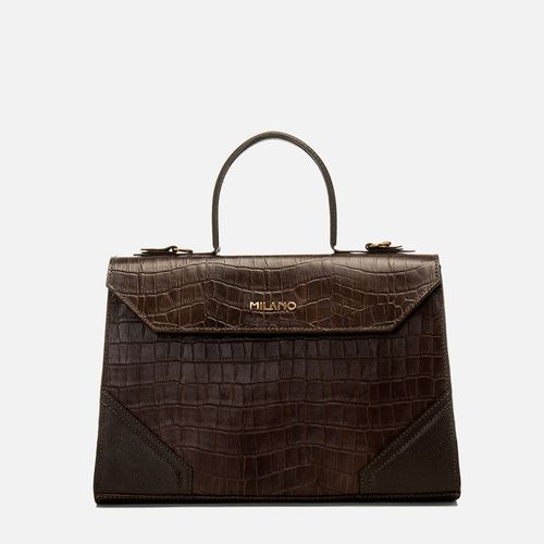 Bolsa em Couro Croco Média Tote Baú de Mão Alça Tiracolo Opcional Feminina Milano Cafe/cafe 14813