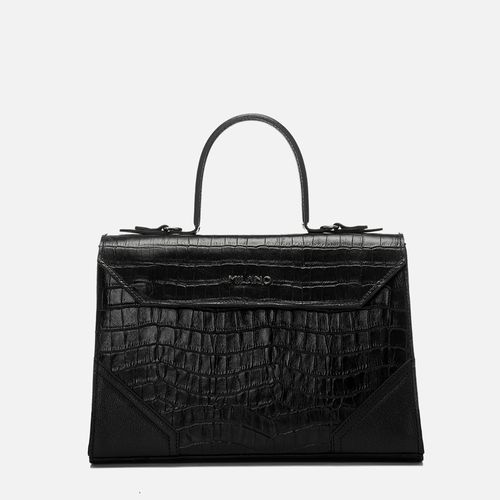 Bolsa em Couro Croco Média Tote Baú de Mão Alça Tiracolo Opcional Feminina Milano Preto/preto 14813