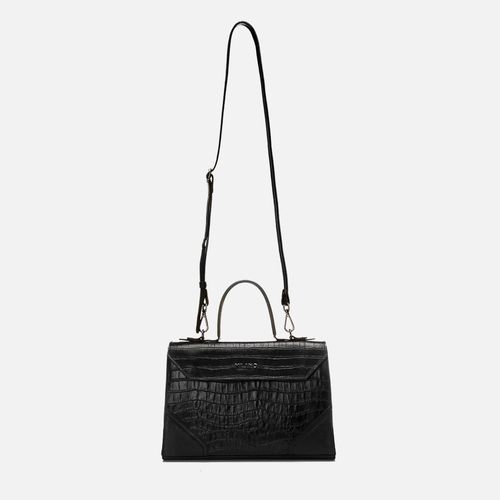 Bolsa em Couro Croco Média Tote Baú de Mão Alça Tiracolo Opcional Feminina Milano Preto/preto 14813