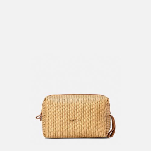 Necessaire Bolsa Viagem Estojo Feito em Palha Natural Tramado com Mix de Couro Floater 12 Divisória Zíper Milano Bege/camel 14042