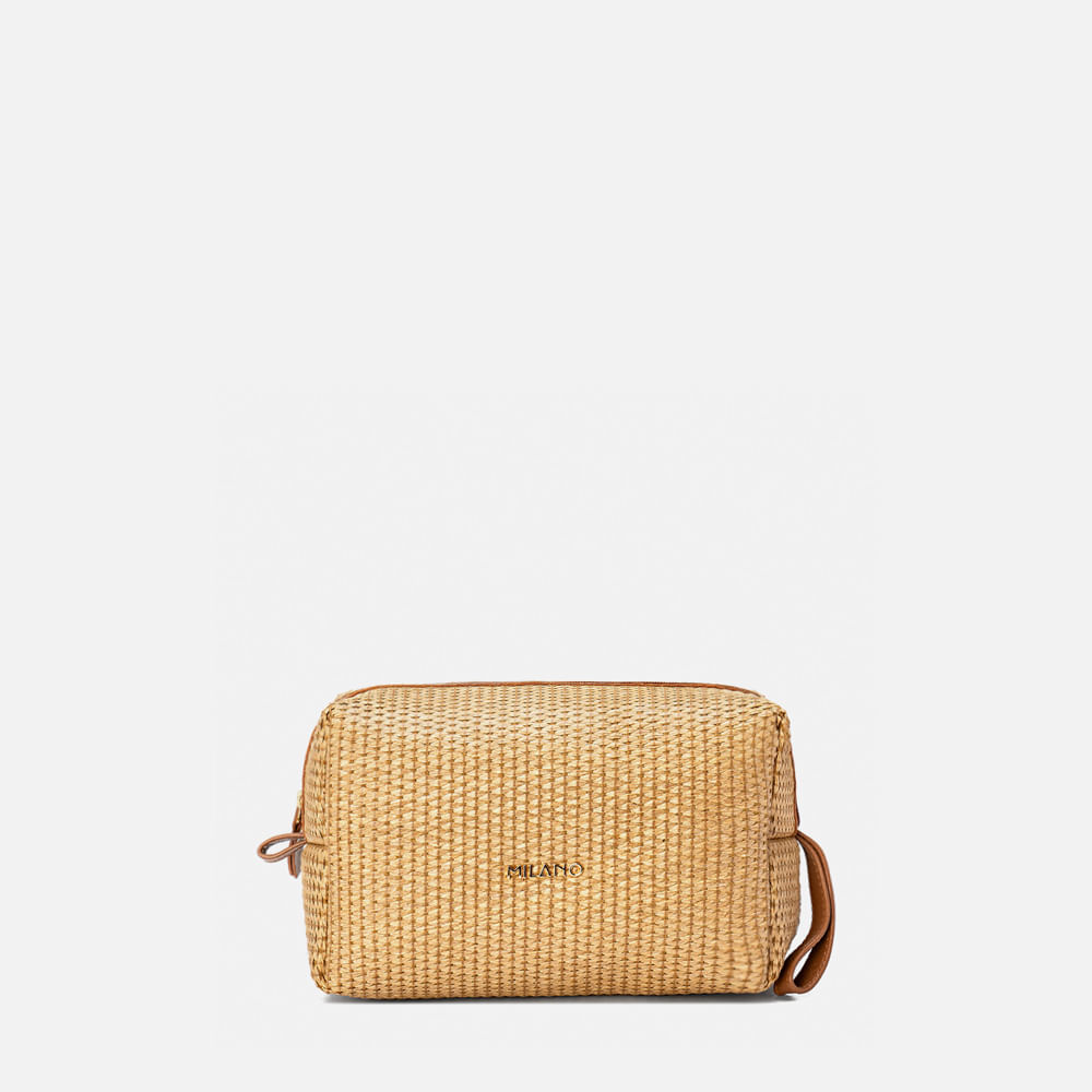 Necessaire Bolsa Viagem Estojo Feito em Palha Natural Tramado com Mix de Couro Floater 12 Divisória Zíper Milano Bege/camel 14042 Peça