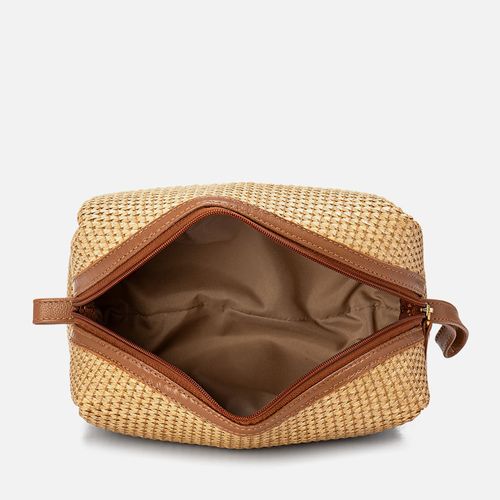 Necessaire Bolsa Viagem Estojo Feito em Palha Natural Tramado com Mix de Couro Floater 12 Divisória Zíper Milano Bege/camel 14042