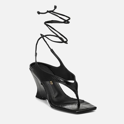 Sandália Salto Anabela Wedge Tira Thong Slingback Amarração Feminino Milano Preto 14866