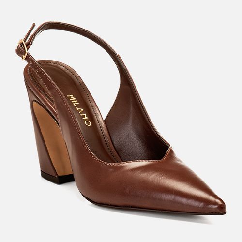 Scarpin Slingback Salto Alto Curvo Flare Decote V Bico Fino Feminino Milano Marrom 14869