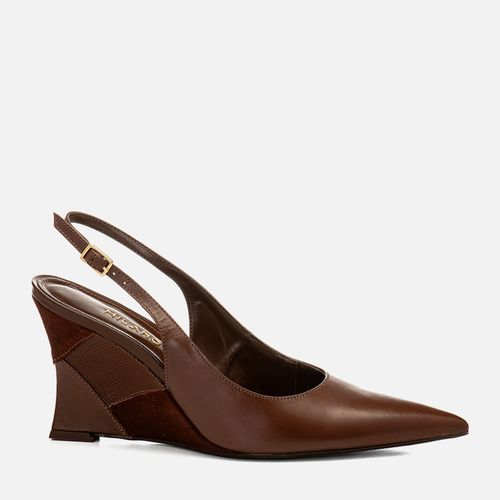 Scarpin Slingback Anabela Couro Salto Alto Mix Patchwork Artesanal Feminino Milano Marrom 14819