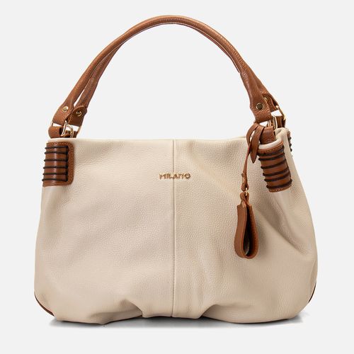 Bolsa Hobo Feita em Couro de Ombro com Alça Tiracolo e Transversal Opcional Tamanho Grande Formato Saco Milano Off White/Caramelo 14211