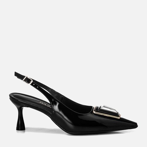 Scarpin Slingback Bico Fino Salto Taça Médio com Aplique Metálico Feminino Milano Preto 14950