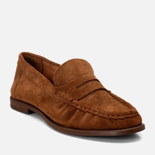 Mocassim Loafer Salto Baixo tipo Camurça com Gravata Recorte Penny e Franzido Feminino Milano Caramelo 14968