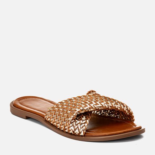 Rasteira Flat Tira Larga Tramada Cruzada Bico Redondo Feminino Milano Ouro Light 14971