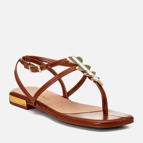 Rasteira Flat Tiras Finas Aplique Metálico Bico Quadrado Feminino Milano Caramelo 14979