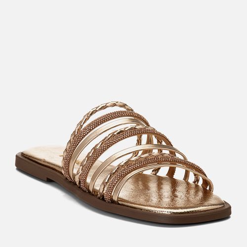 Rasteira Flat Tiras Lisas, Trançadas e de Brilho Bico Redondo Feminino Milano Ouro Light 14981