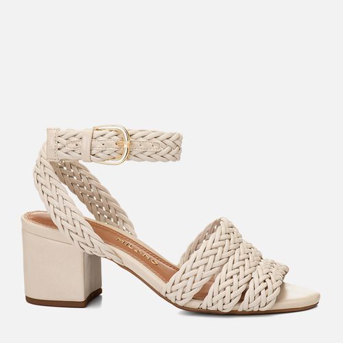 Sandália Salto Bloco Médio Tiras Trançadas Bico Redondo Feminino Milano Off White 15036