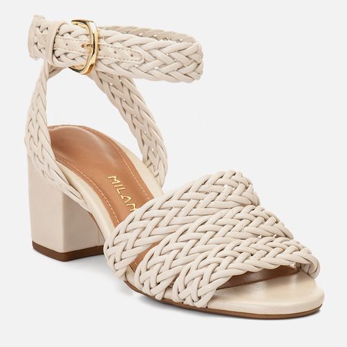 Sandália Salto Bloco Médio Tiras Trançadas Bico Redondo Feminino Milano Off White 15036