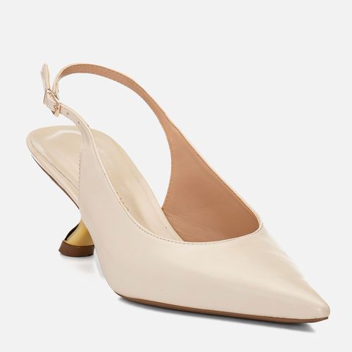 Scarpin Slingback Salto Médio Escultural Cromado Metalizado Feminino Milano Off White 15012