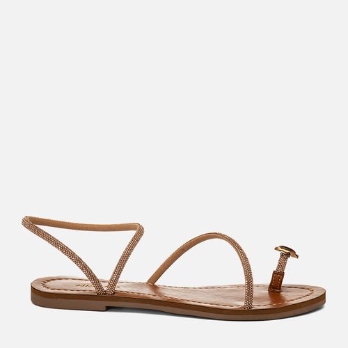 Sandália Rasteira Manta de Brilho Ring Toe com Aplique de Pedra Feminino Milano Canela 15053