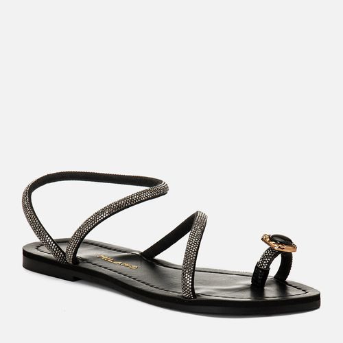 Sandália Rasteira Manta de Brilho Ring Toe com Aplique de Pedra Feminino Milano Preto 15053