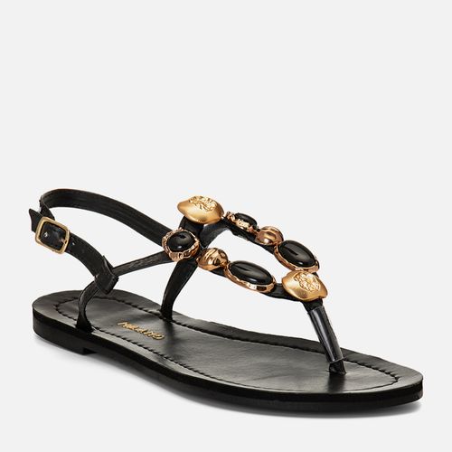 Sandália Rasteira Tira com Apliques de Pedras e Metal em Formato Orgânico Dourado Feminino Milano Preto 15054