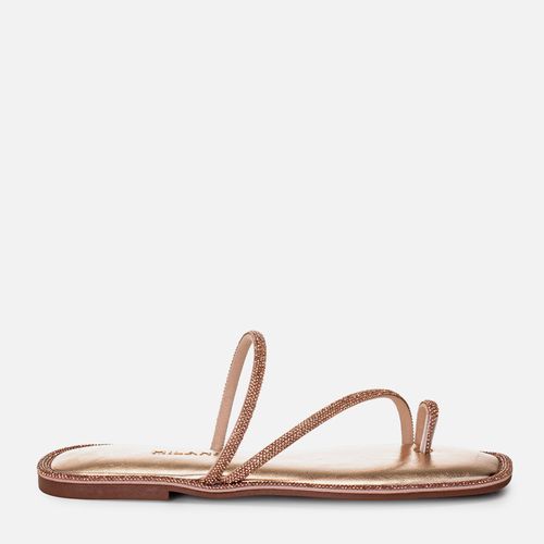 Sandália Rasteira Ring Toe Tiras Brilho Strass Bico Quadrado Feminino Milano Ouro Light 15090