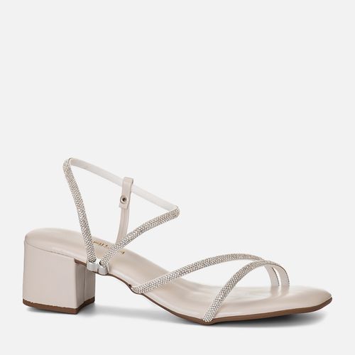 Sandália Salto Bloco Tiras Finas de Brilho Strass Bico Quadrado Feminino Milano Off White 15089