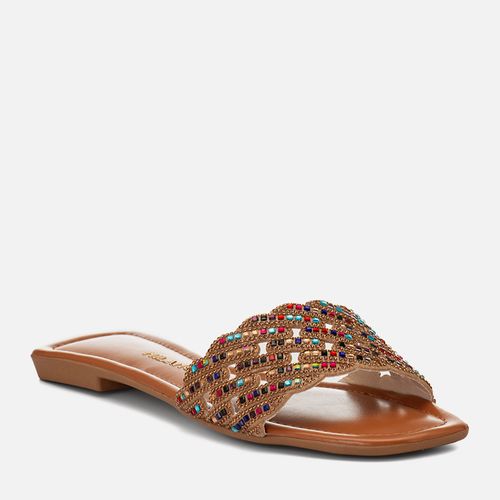 Sandália Rasteira Slide Tira Larga de Brilho Strass Bico Quadrado Feminino Milano Caramelo 15112