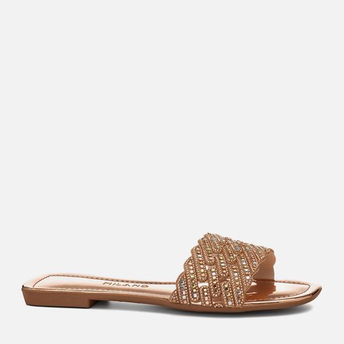 Sandália Rasteira Slide Tira Larga de Brilho Strass Bico Quadrado Feminino Milano Cobre 15112