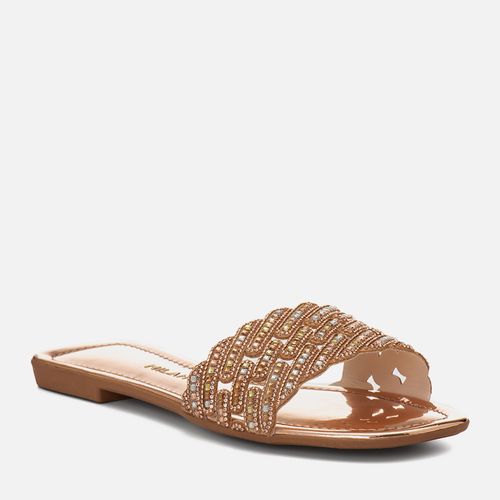 Sandália Rasteira Slide Tira Larga de Brilho Strass Bico Quadrado Feminino Milano Cobre 15112