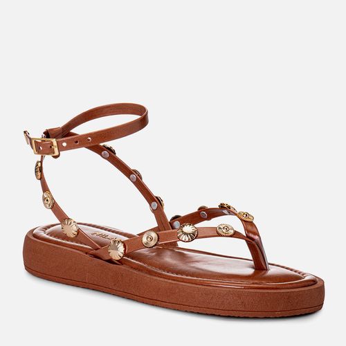 Sandália Papete Flatform Tira de Dedo Apliques Dourados Feminino Milano Caramelo 15085